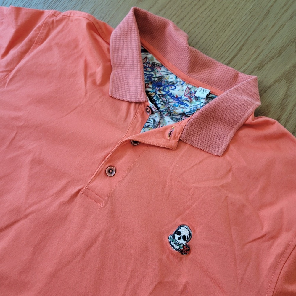 Robert Graham Polo Shirt Mens 2XL Orange Rose Skull Embroidered Classic Fit